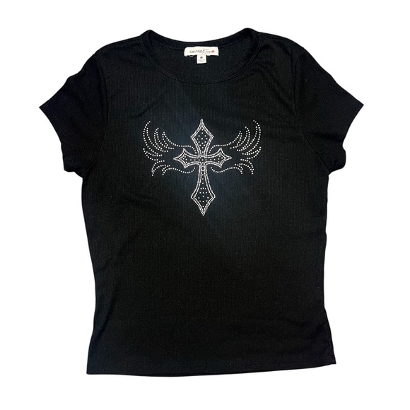 Y2K Orange Kiss Silver Rhinestone Cross Black Tee Grunge - Picture 1 of 6